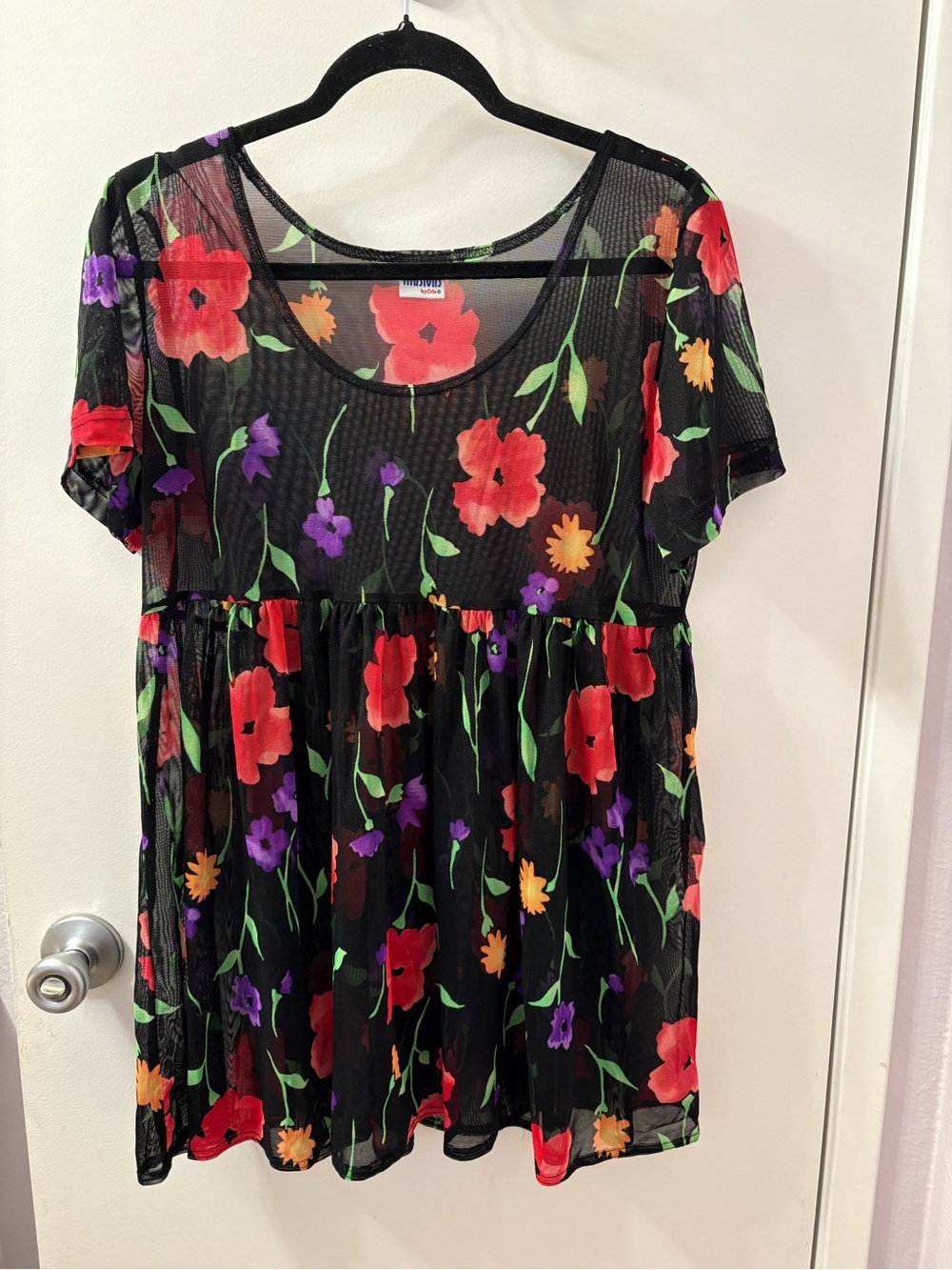 Illusions VTG 90's Sheer Floral Mesh Dress Black Short Sleeve PTP 20-26/L 31